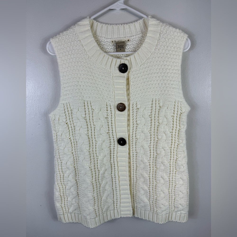 Ruff Hewn‎ Cableknit Cardigan Sweater Vest Button Cream Ivory Crewneck Medium